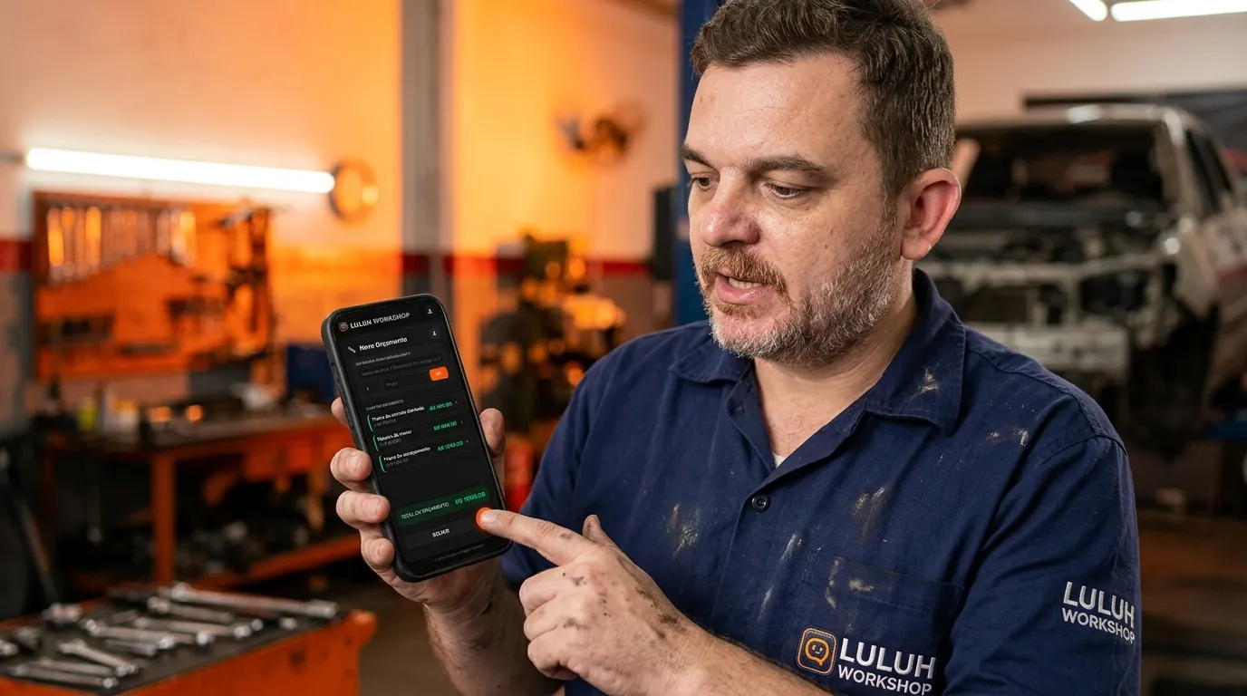 Mechanic holding smartphone showing voice-generated budget