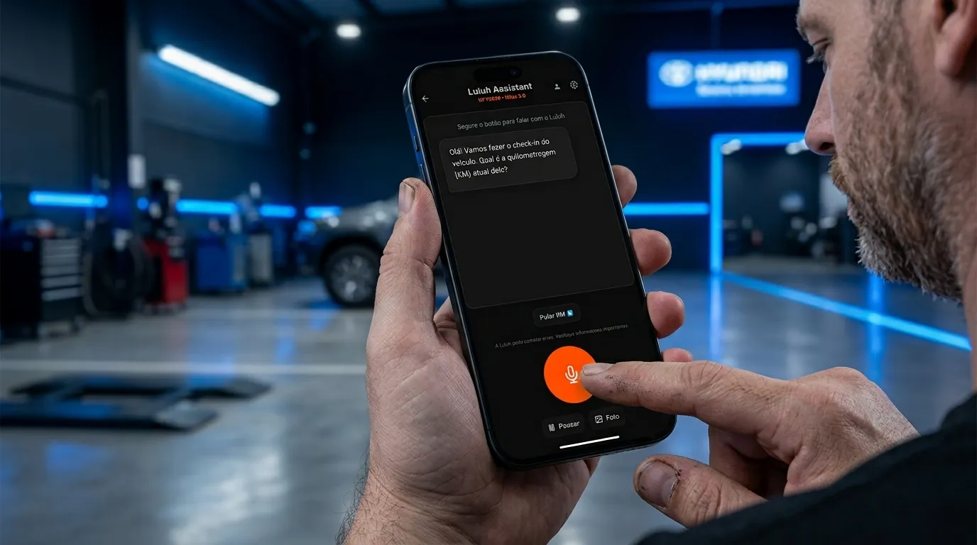 Mechanic's hand tapping iPhone screen for inspection and check-in